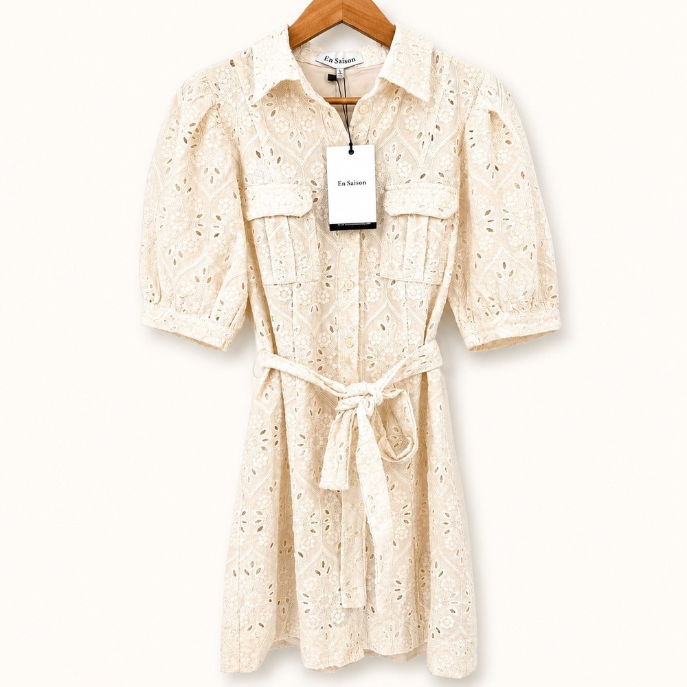 En Saison Women Large Cordelia Mini‎ Dress Eyelet Belted Cream Puff Sleeve Girly